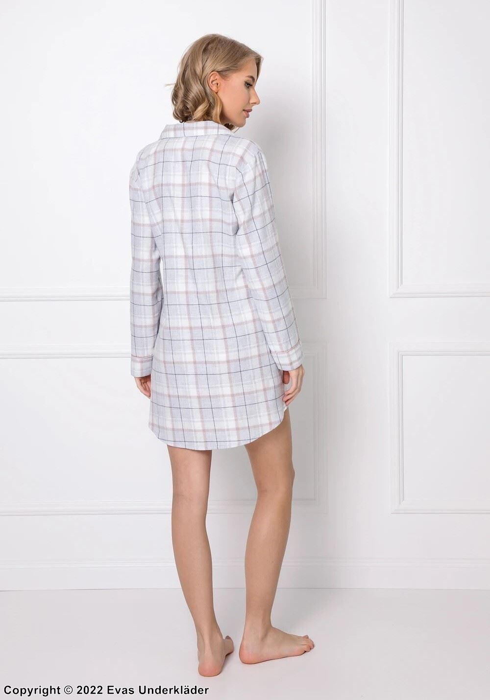 Pajamas dress, long sleeves, pocket, checkered pattern